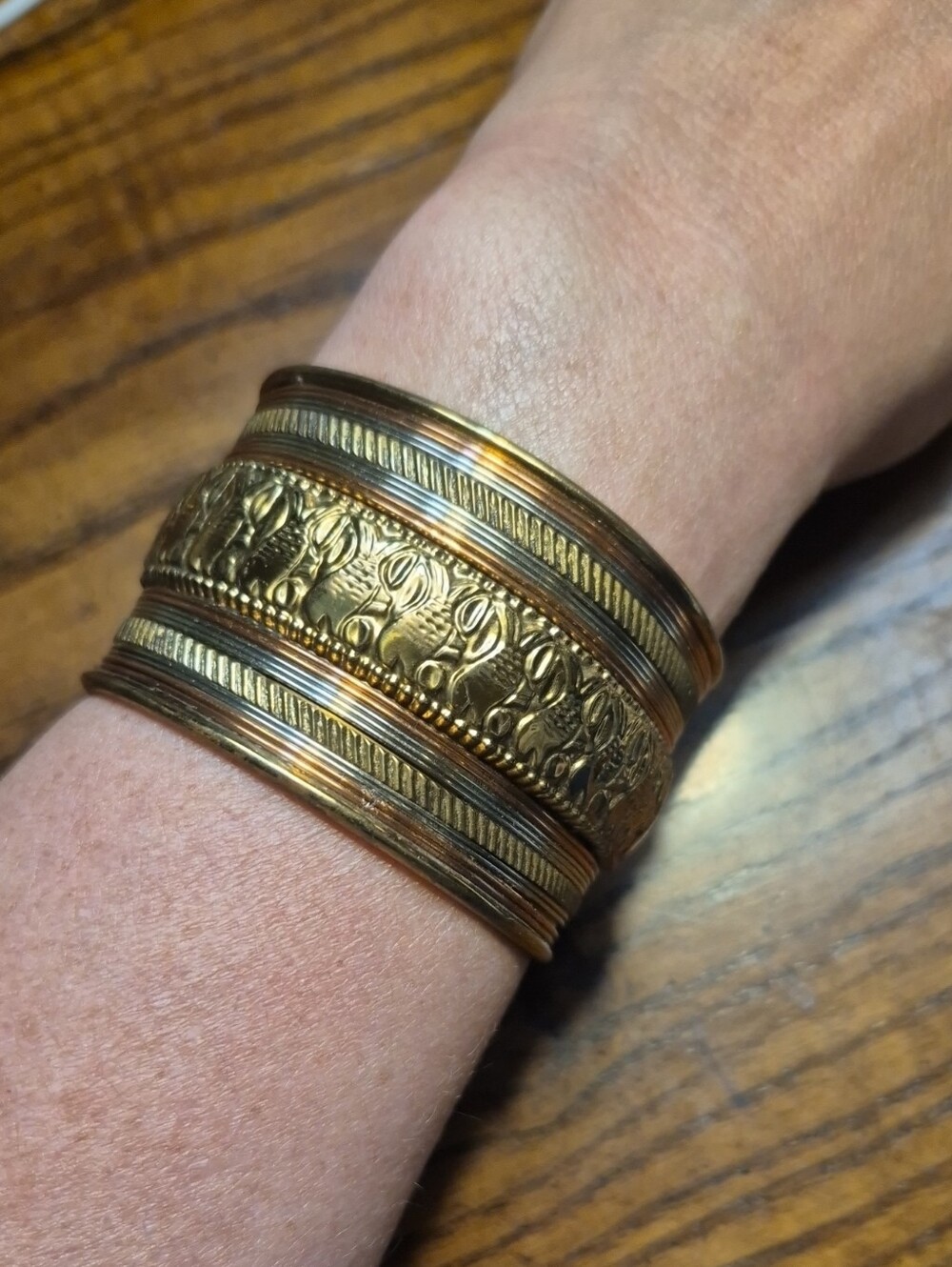 Vintage Ornate brass copper silver Tone Wide Cuff Bracelet Boho